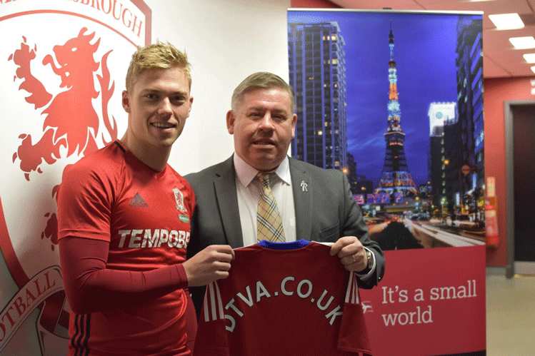 Viktor Fischer, Danish International Midfielder playing for Middlesbrough Football Club, and Shaun Woods, Durham Tees Valley Airport Manager.